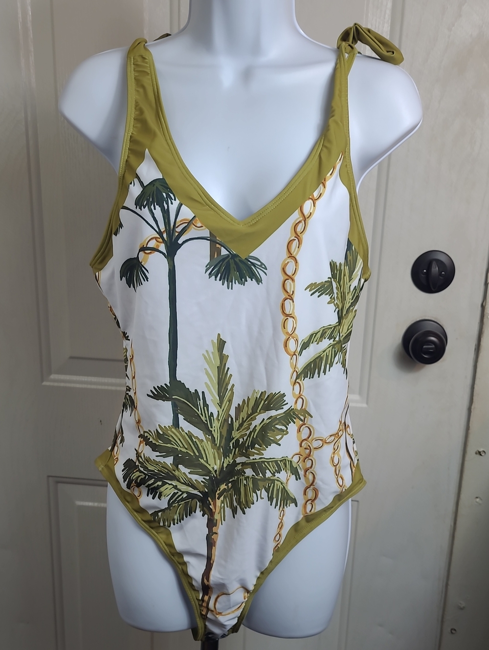 Olive Green Palm Print One-Piece Swimsuit by